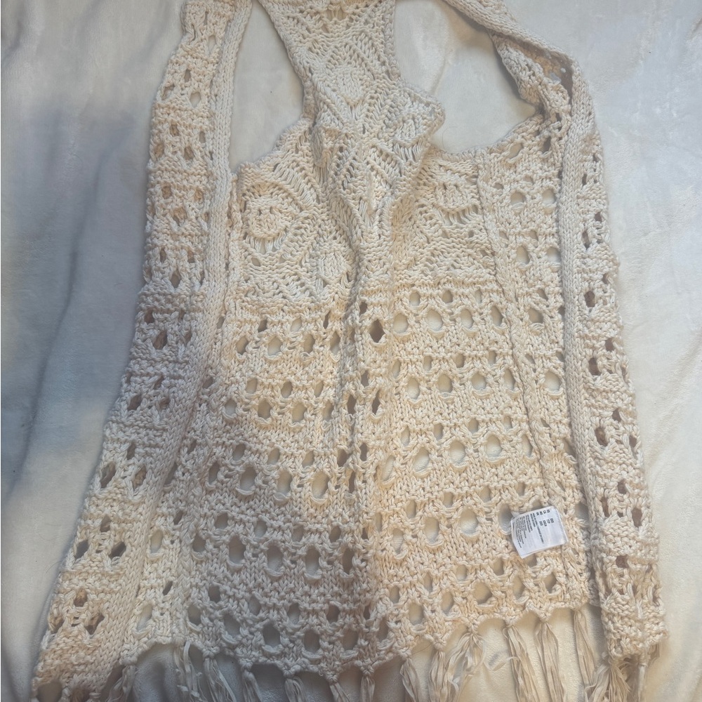 Cream Crochet Fringe Vest